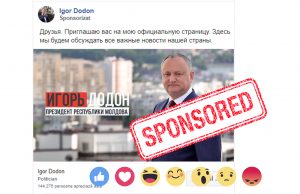 Screenshot la o postare sponsorizată pe rețeaua de socializare FACEBOOK, de pe pagina Președintelui Igor Dodon